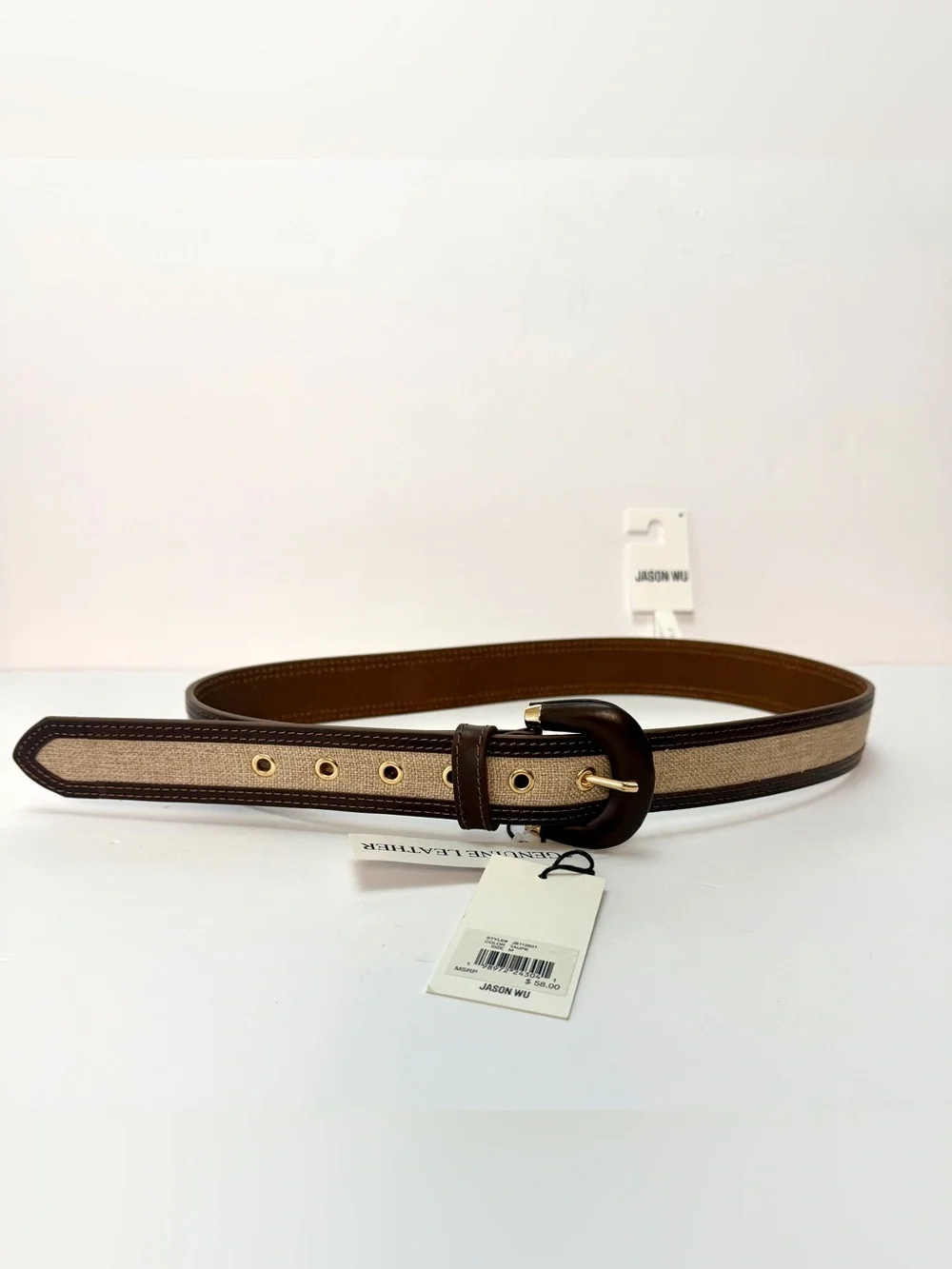 Jason Wu Beige Canvas Belt with Dark Brown Leather & Gold Hardware